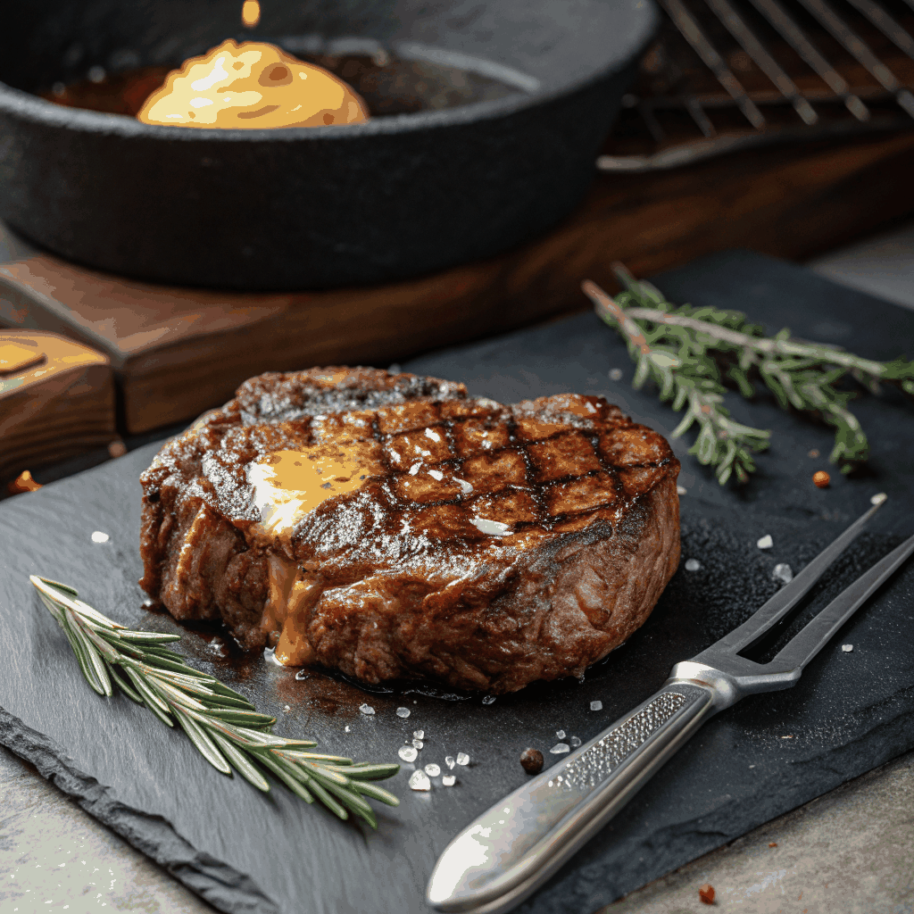Filet mignon jugoso servido en plato de cerámica negra